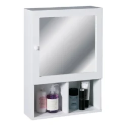 White Wood Wall Cabinet With 2 Compartments And Mirrored Door