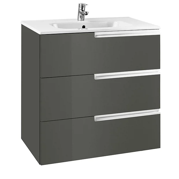 Roca Victoria-N 600m 3-Drawer Wall Hung Vanity Unit - Gloss Anthracite Grey 3 Roca Victoria-N 600m 3-Drawer Wall Hung Vanity Unit - Gloss Anthracite Grey