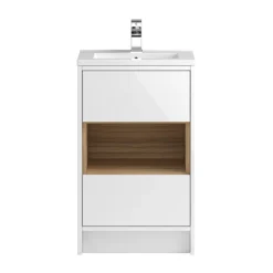 Hudson Reed Coast 500mm Floorstanding 2 Drawer Vanity Unit With Open Shelf & Basin - Gloss White/Coco Bolo