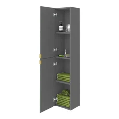 Arezzo Matt Grey Mirrored Wall Hung Tall Storage Cabinet With Brushed Brass Handles