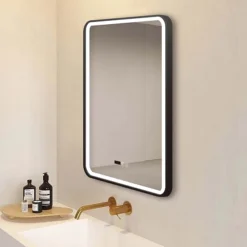 Arezzo Matt Black 600 X 800mm Rectangular LED Illuminated Anti-Fog Bathroom Mirror With Time Display -Duravit Bathroom Shop arzim02mb d1