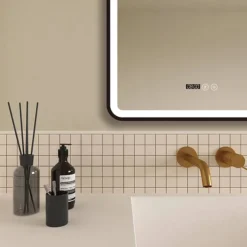 Arezzo Matt Black 600 X 800mm Rectangular LED Illuminated Anti-Fog Bathroom Mirror With Time Display -Duravit Bathroom Shop arzim02mb d2