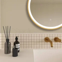 Arezzo Brushed Brass 600mm Round LED Illuminated Anti-Fog Bathroom Mirror -Duravit Bathroom Shop arzim08bb d1