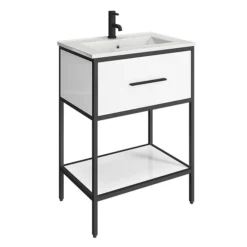 Arezzo 600 Matt Black Framed Vanity Unit With Ceramic Basin And Open Shelf -Duravit Bathroom Shop az61dbf detail1