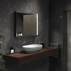 Arezzo Matt Black 800 X 600mm LED Illuminated Bathroom Mirror With QI Charger & Anti-Fog -Duravit Bathroom Shop az8940mb d1
