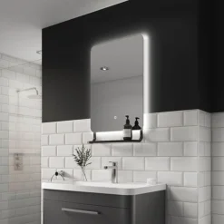 Arezzo Matt Black 800 X 500mm Backlit LED Bathroom Mirror With Hanging Shelf & Anti-Fog