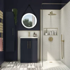 Arezzo Wall Hung Tall Storage Cabinet - Matt Blue - With Industrial Style Brushed Brass Handle -Duravit Bathroom Shop azb14whcbbis d2