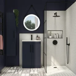 Arezzo Wall Hung Tall Storage Cabinet - Matt Blue - With Industrial Style Black Handle -Duravit Bathroom Shop azb14whcbkis d3