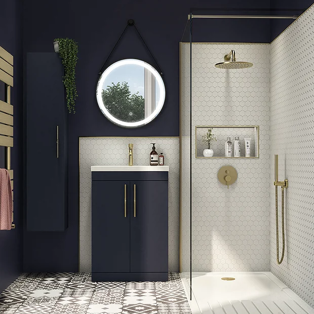 Arezzo Floor Standing Vanity Unit - Matt Blue - 500mm With Industrial Style Brushed Brass Handles 3 Arezzo Floor Standing Vanity Unit - Matt Blue - 500mm With Industrial Style Brushed Brass Handles