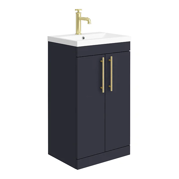 Arezzo Floor Standing Vanity Unit - Matt Blue - 500mm With Industrial Style Brushed Brass Handles 4 Arezzo Floor Standing Vanity Unit - Matt Blue - 500mm With Industrial Style Brushed Brass Handles - Image 2