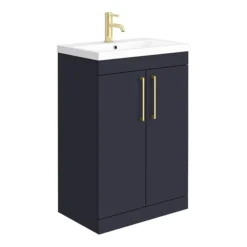 Arezzo Blue Floor Standing Vanity Unit, Tall Cabinet + Toilet Pack With Brass Handles -Duravit Bathroom Shop azbbfsp1 d1