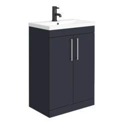 Arezzo Blue Floor Standing Vanity Unit, Tall Cabinet + Toilet Pack With Chrome Handles -Duravit Bathroom Shop azbchfsp1 d1
