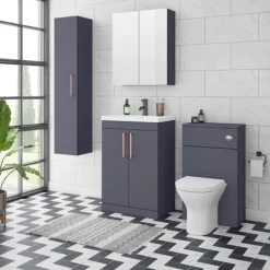 Arezzo Blue Floor Standing Vanity Unit, Tall Cabinet + Toilet Pack With Rose Gold Handles -Duravit Bathroom Shop azbrgfsp1 l