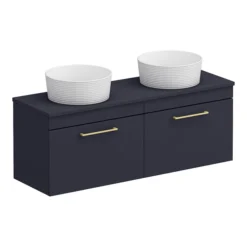 Arezzo Matt Blue Wall Hung Double Countertop Vanity Unit Incl. 2 Basins (1200mm W. Brushed Brass Handles) -Duravit Bathroom Shop azbwhbb12rb detail3