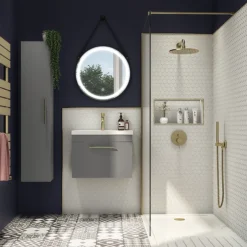 Arezzo Wall Hung Vanity Unit - Matt Grey - 500mm With Industrial Style Brushed Brass Handle