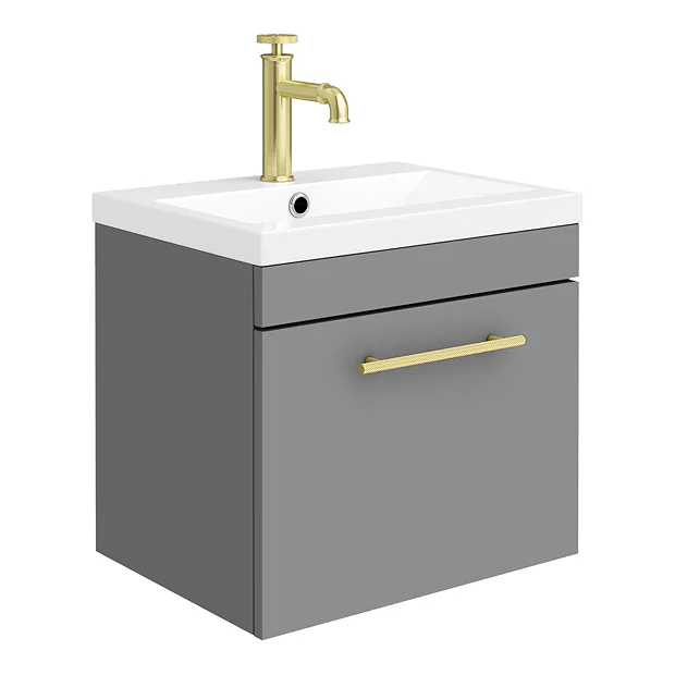 Arezzo Wall Hung Vanity Unit - Matt Grey - 500mm With Industrial Style Brushed Brass Handle 4 Arezzo Wall Hung Vanity Unit - Matt Grey - 500mm With Industrial Style Brushed Brass Handle - Image 2