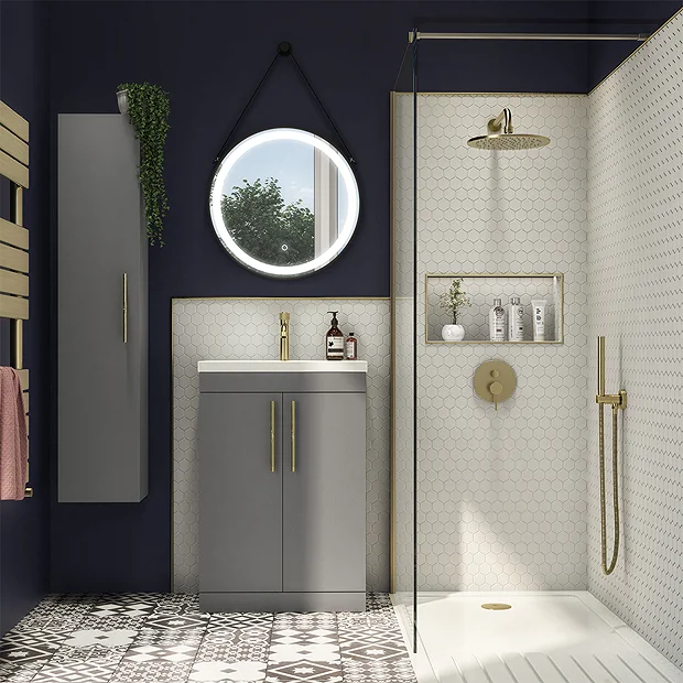 Arezzo Floor Standing Vanity Unit - Matt Grey - 600mm With Industrial Style Brushed Brass Handles 7 Arezzo Floor Standing Vanity Unit - Matt Grey - 600mm With Industrial Style Brushed Brass Handles - Image 5