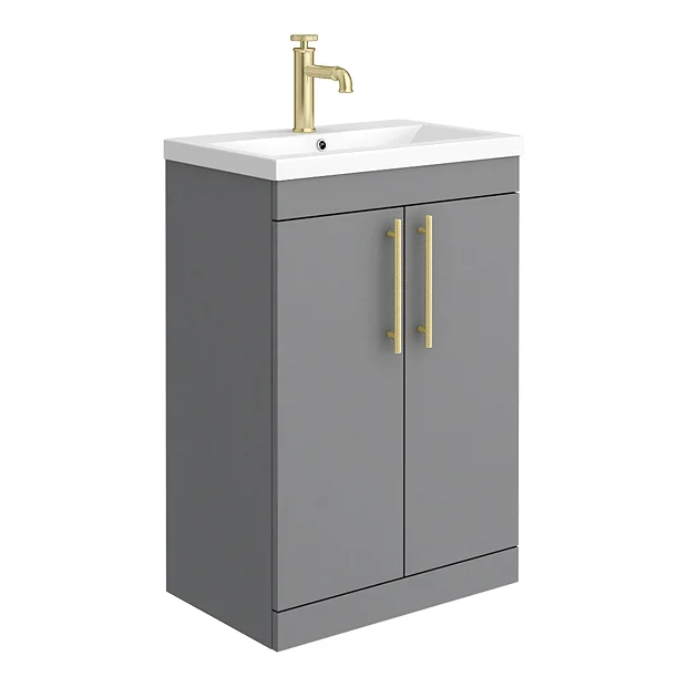 Arezzo Floor Standing Vanity Unit - Matt Grey - 600mm With Industrial Style Brushed Brass Handles 4 Arezzo Floor Standing Vanity Unit - Matt Grey - 600mm With Industrial Style Brushed Brass Handles - Image 2