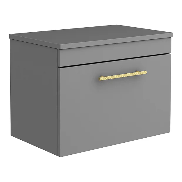 Arezzo Wall Hung Countertop Vanity Unit - Matt Grey - 600mm With Industrial Style Brushed Brass Handle 4 Arezzo Wall Hung Countertop Vanity Unit - Matt Grey - 600mm With Industrial Style Brushed Brass Handle - Image 2