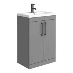 Arezzo Grey Floor Standing Vanity Unit, Tall Cabinet + Toilet Pack With Black Handles -Duravit Bathroom Shop azgbkfsp1 d1