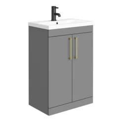 Arezzo Grey Floor Standing Vanity Unit, Tall Cabinet + Toilet Pack With Brass Handles -Duravit Bathroom Shop azgbrfsp1 d1