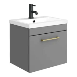 Arezzo Grey Wall Hung Sink Vanity Unit + Toilet Package With Brass Handle -Duravit Bathroom Shop azgbrwhp1 d1