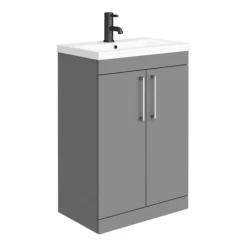 Arezzo Grey Floor Standing Vanity Unit, Tall Cabinet + Toilet Pack With Chrome Handles -Duravit Bathroom Shop azgchfsp1 d1