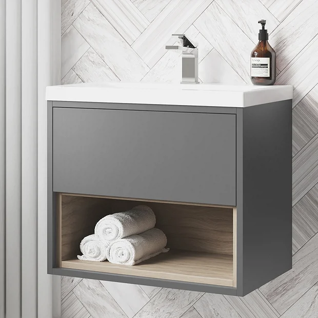 Arezzo Senza 600mm Matt Grey / Vicenza Oak Wall Hung Vanity Unit With Open Shelf + Ceramic Basin 4 Arezzo Senza 600mm Matt Grey / Vicenza Oak Wall Hung Vanity Unit With Open Shelf + Ceramic Basin - Image 2