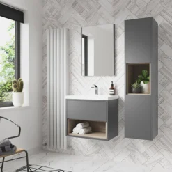 Arezzo Senza 600mm Matt Grey / Vicenza Oak Wall Hung Vanity Unit With Open Shelf + Ceramic Basin