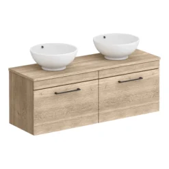 Arezzo Rustic Oak Wall Hung Double Countertop Vanity Unit Incl. 2 Basins (1200mm W. Matt Black Handles)
