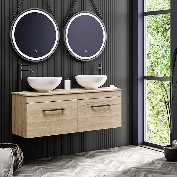 Arezzo Rustic Oak Wall Hung Double Countertop Vanity Unit Incl. 2 Basins (1200mm W. Matt Black Handles) 4 Arezzo Rustic Oak Wall Hung Double Countertop Vanity Unit Incl. 2 Basins (1200mm W. Matt Black Handles) - Image 2