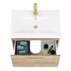 Arezzo Wall Hung Vanity Unit - Rustic Oak - 600mm With Brushed Brass Handle -Duravit Bathroom Shop azro6whvbb d3