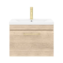 Arezzo Wall Hung Vanity Unit - Rustic Oak - 600mm With Brushed Brass Handle
