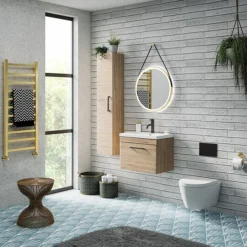 Arezzo Wall Hung Vanity Unit - Rustic Oak - 600mm With Matt Black Handle -Duravit Bathroom Shop azro6whvbk d4