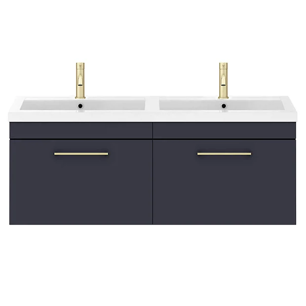 Arezzo Matt Blue Wall Hung Double Basin Vanity Unit (1205mm W. Brushed Brass Handles) 6 Arezzo Matt Blue Wall Hung Double Basin Vanity Unit (1205mm W. Brushed Brass Handles) - Image 4