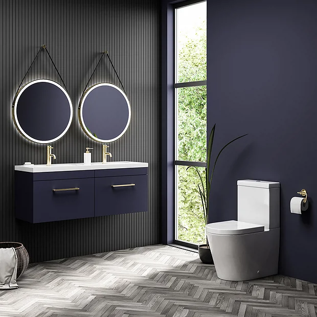 Arezzo Matt Blue Wall Hung Double Basin Vanity Unit (1205mm W. Brushed Brass Handles) 3 Arezzo Matt Blue Wall Hung Double Basin Vanity Unit (1205mm W. Brushed Brass Handles)