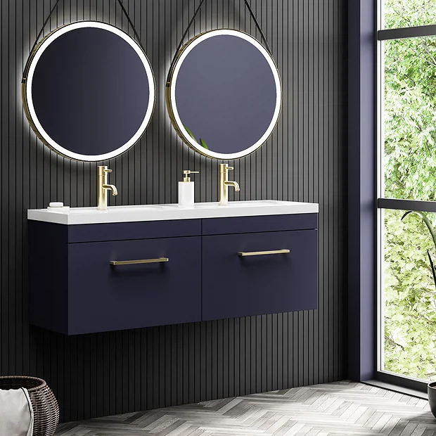 Arezzo Matt Blue Wall Hung Double Basin Vanity Unit (1205mm W. Brushed Brass Handles) 4 Arezzo Matt Blue Wall Hung Double Basin Vanity Unit (1205mm W. Brushed Brass Handles) - Image 2
