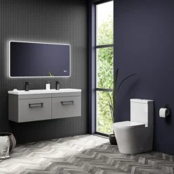 Arezzo Matt Grey Wall Hung Double Basin Vanity Unit (1205mm W. Matt Black Handles)