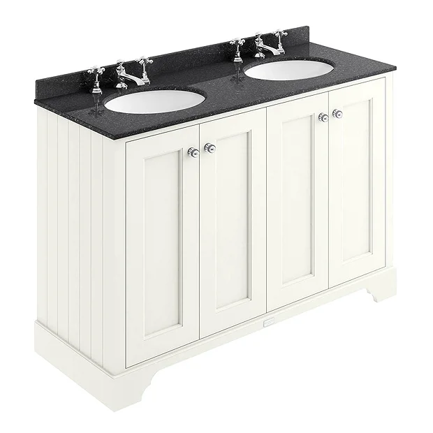 Bayswater Pointing White 1200mm 4 Door Vanity Unit & 3TH Black Marble Double Bowl Basin Top 3 Bayswater Pointing White 1200mm 4 Door Vanity Unit & 3TH Black Marble Double Bowl Basin Top
