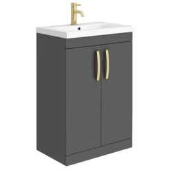 Brooklyn 600mm Gloss Grey Vanity Unit With Brushed Brass Handles -Duravit Bathroom Shop bfs6ggbb nl