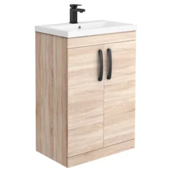 Brooklyn Natural Oak Vanity Unit - 600mm Wide With Matt Black Handles -Duravit Bathroom Shop bfs6nmbl