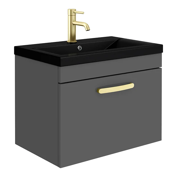 Brooklyn 600mm Gloss Grey Wall Hung 1-Drawer Vanity Unit With Matt Black Basin + Brass Handle 4 Brooklyn 600mm Gloss Grey Wall Hung 1-Drawer Vanity Unit With Matt Black Basin + Brass Handle - Image 2