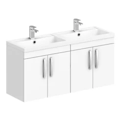 Brooklyn 1205mm Gloss White Wall Hung 4 Door Double Basin Vanity Unit -Duravit Bathroom Shop bwh12w2d n l