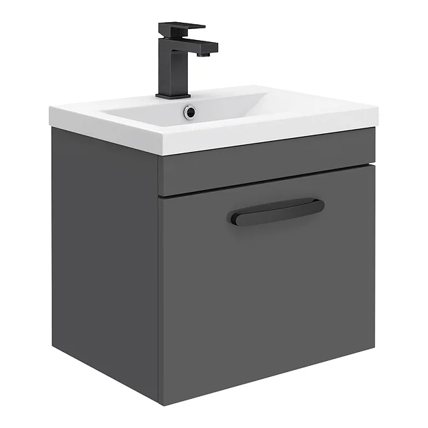 Brooklyn Wall Hung Vanity - Gloss Grey - 500mm Wide 1-Drawer Inc. Matt Black Handle 4 Brooklyn Wall Hung Vanity - Gloss Grey - 500mm Wide 1-Drawer Inc. Matt Black Handle - Image 2