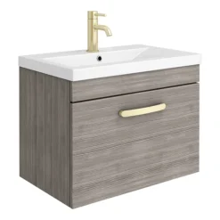 Brooklyn 600mm Grey Avola Wall Hung 1-Drawer Vanity Unit With Brushed Brass Handle -Duravit Bathroom Shop bwhsd6gabb lrg1
