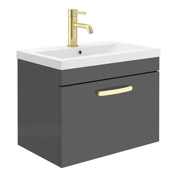 Brooklyn 600mm Gloss Grey Wall Hung 1-Drawer Vanity Unit With Brushed Brass Handle 4 Brooklyn 600mm Gloss Grey Wall Hung 1-Drawer Vanity Unit With Brushed Brass Handle - Image 2