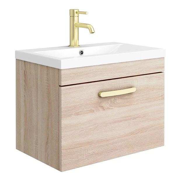 Brooklyn 600mm Natural Oak Wall Hung 1-Drawer Vanity Unit With Brushed Brass Handle 4 Brooklyn 600mm Natural Oak Wall Hung 1-Drawer Vanity Unit With Brushed Brass Handle - Image 2