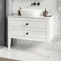 Crosswater Canvass White Gloss 900mm Double Drawer Unit With Carrara Marble Effect Worktop -Duravit Bathroom Shop cv900wlwg d3