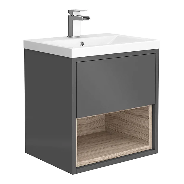 Haywood 500mm Gloss Grey / Driftwood Wall Hung Vanity Unit With Open Shelf + Ceramic Basin 4 Haywood 500mm Gloss Grey / Driftwood Wall Hung Vanity Unit With Open Shelf + Ceramic Basin - Image 2