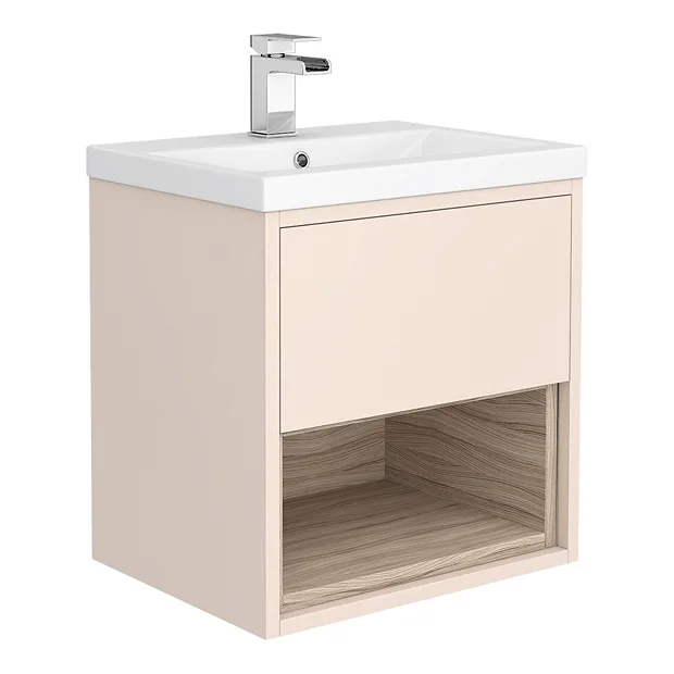 Haywood 500mm Matt Pink / Driftwood Wall Hung Vanity Unit With Open Shelf + Ceramic Basin 4 Haywood 500mm Matt Pink / Driftwood Wall Hung Vanity Unit With Open Shelf + Ceramic Basin - Image 2